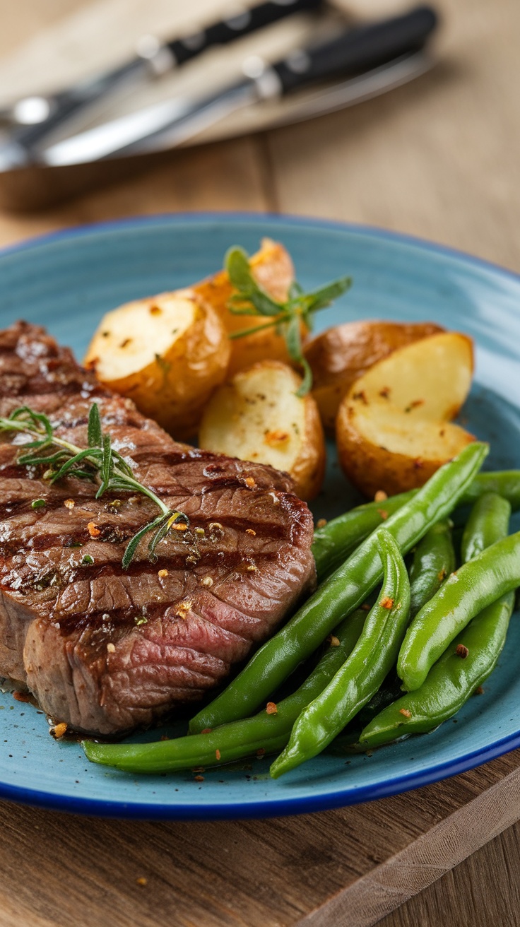 A plate of strip steak, roasted potatoes, and sautéed green beans with herbs.